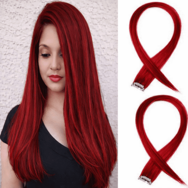 100% Indian Natural Human Clip In Color Streaks For Women "Red" Single Clip Hair Extension