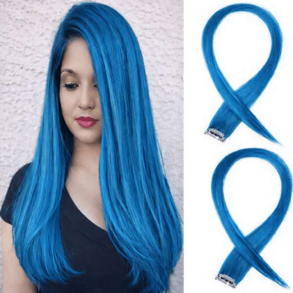100% Indian Natural Human Clip In Color Streaks For Women "Sea Blue" Single Clip Hair Extension