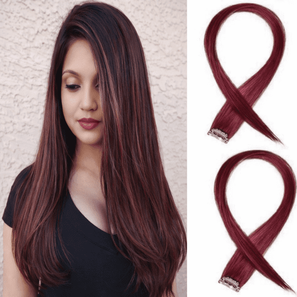 100% Indian Natural Human Clip In Color Streaks For Women "Burgundy" Single Clip Hair Extension