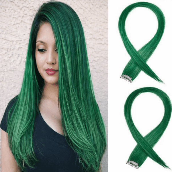 100% Indian Natural Human Clip In Color Streaks For Women "Green" Single Clip Hair Extension