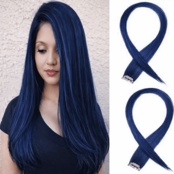 100% Indian Natural Human Clip In Color Streaks For Women "Navy Blue" Single Clip Hair Extension