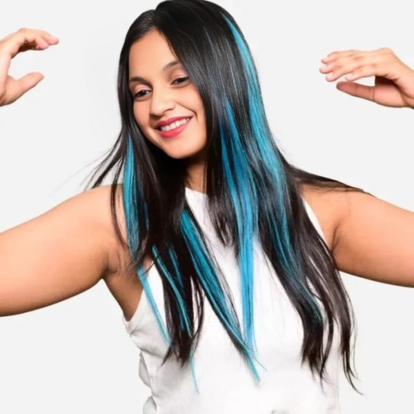 100% Indian Natural Human Clip In Color Streaks For Women "Sea Blue" Single Clip Hair Extension