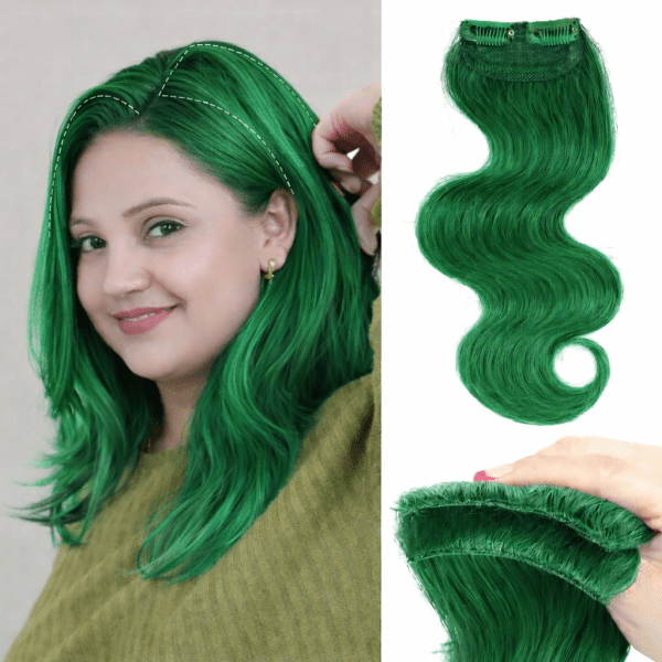 100% Double Streak Human hair Clip In Color Streaks For Women\Girls "Green"