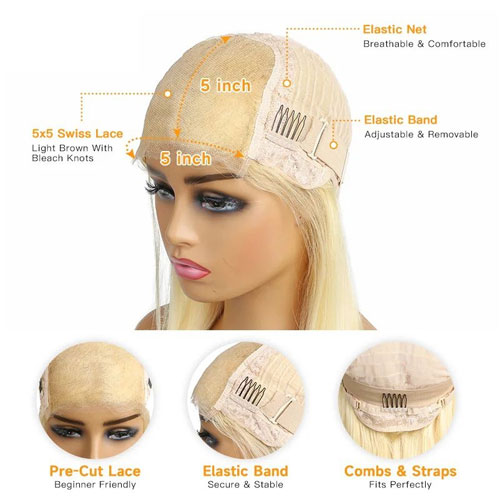 5×5 Top Lace Closure 100% Natural Virgin Remy Human Hair Extension Blond - Image 2